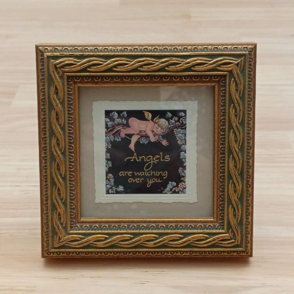 Vintage Miniature Ornate Cherub "Angels Are Watching Over You" in Wood Frame